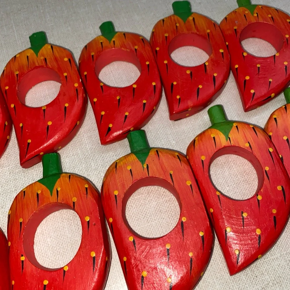 Vintage Wooden Strawberry Napkin‎ Rings Set (10)